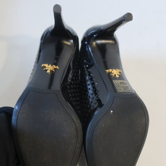 Womens Prada Vernice Black Laser Cut Patent Leather Pumps Heels 37.5 US/7.5 - Picture 12 of 14